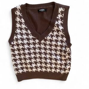 RSQ Brown and Cream Houndstooth V-Neck Sweater Vest